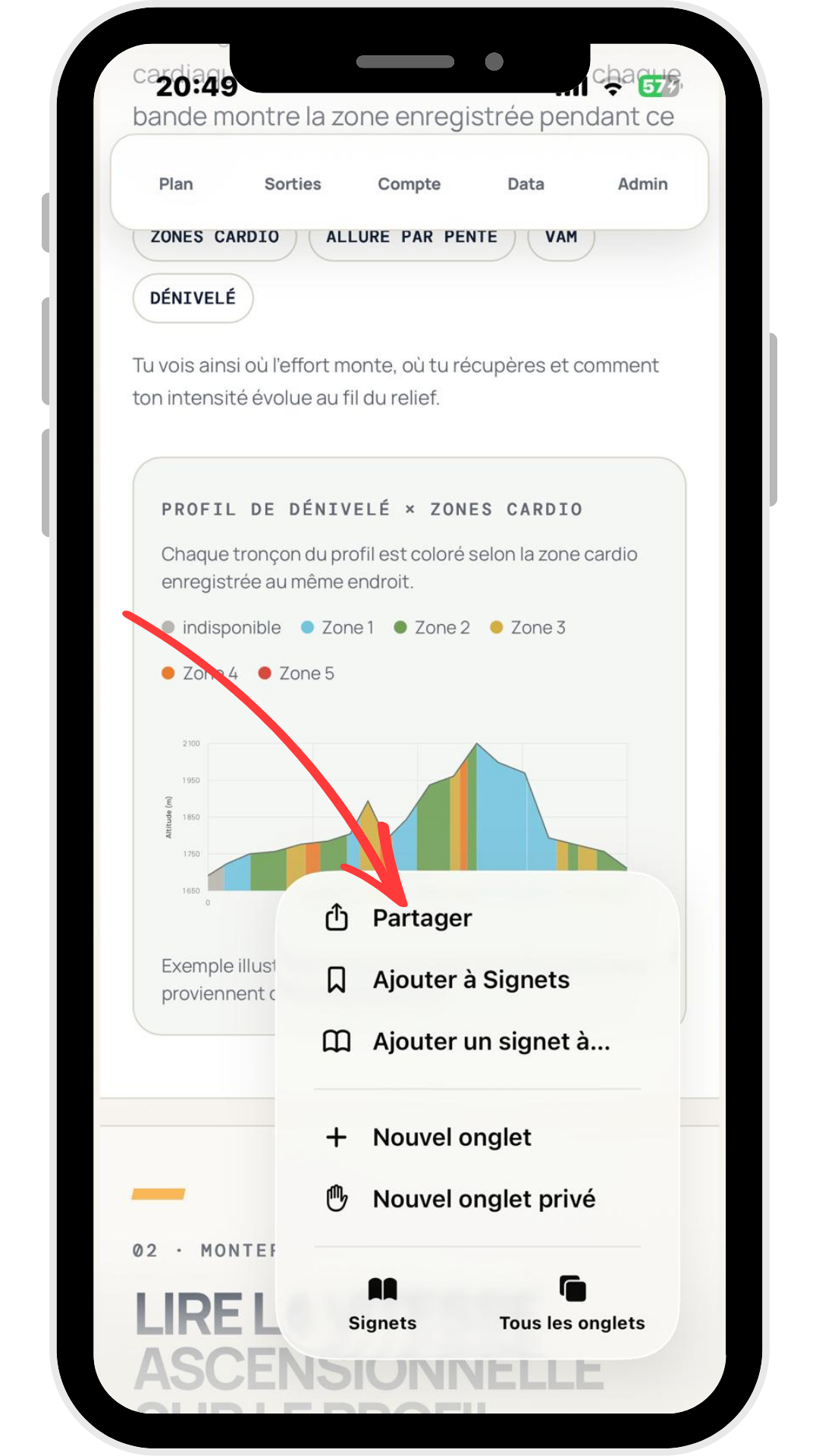 Option Partager dans le menu Safari sur iPhone