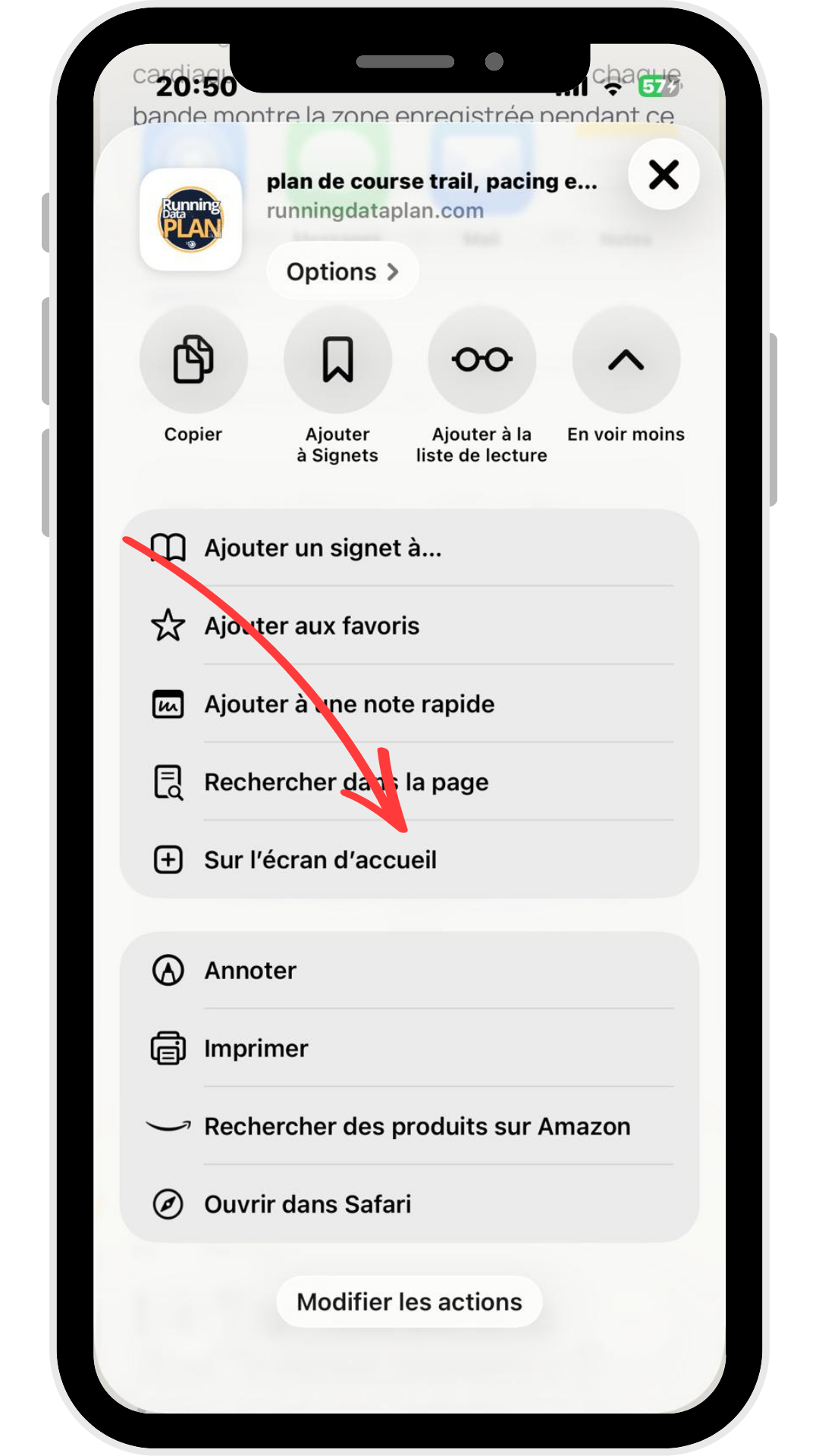 Option Sur l’écran d’accueil dans la feuille de partage Safari